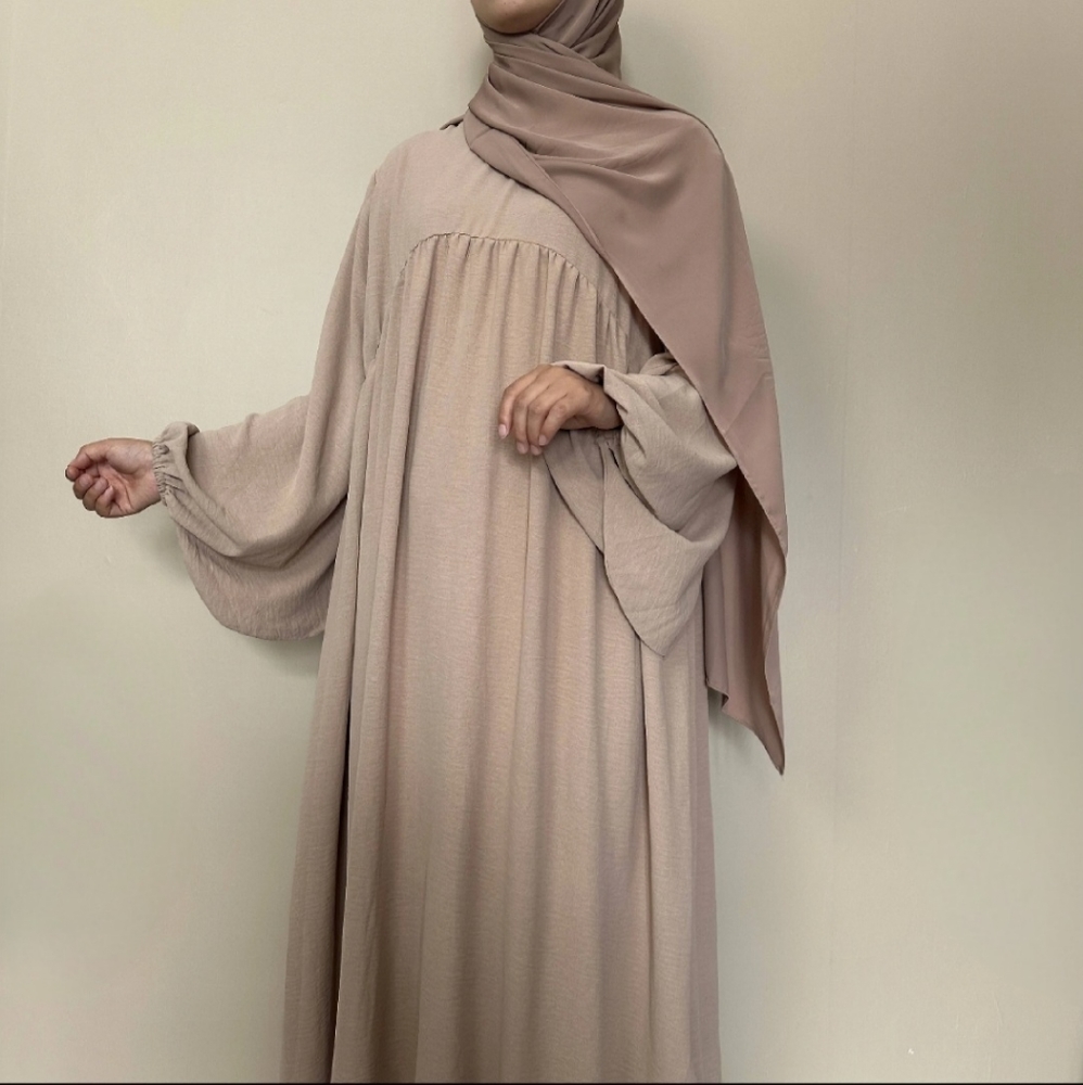 Modest Beige Balloon Sleeve Abaya Dress